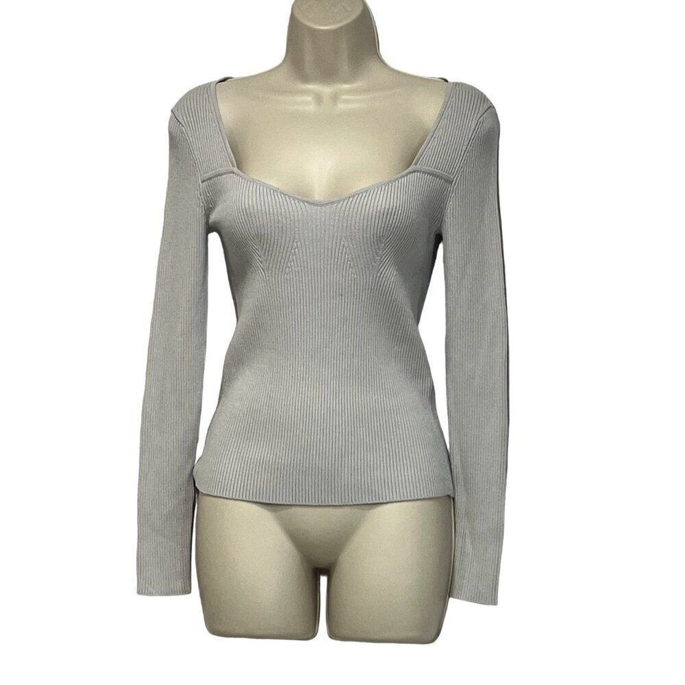 Open Edit women’s Sweetheart Neckline Ribbed Sweater Top, Gray Violet,